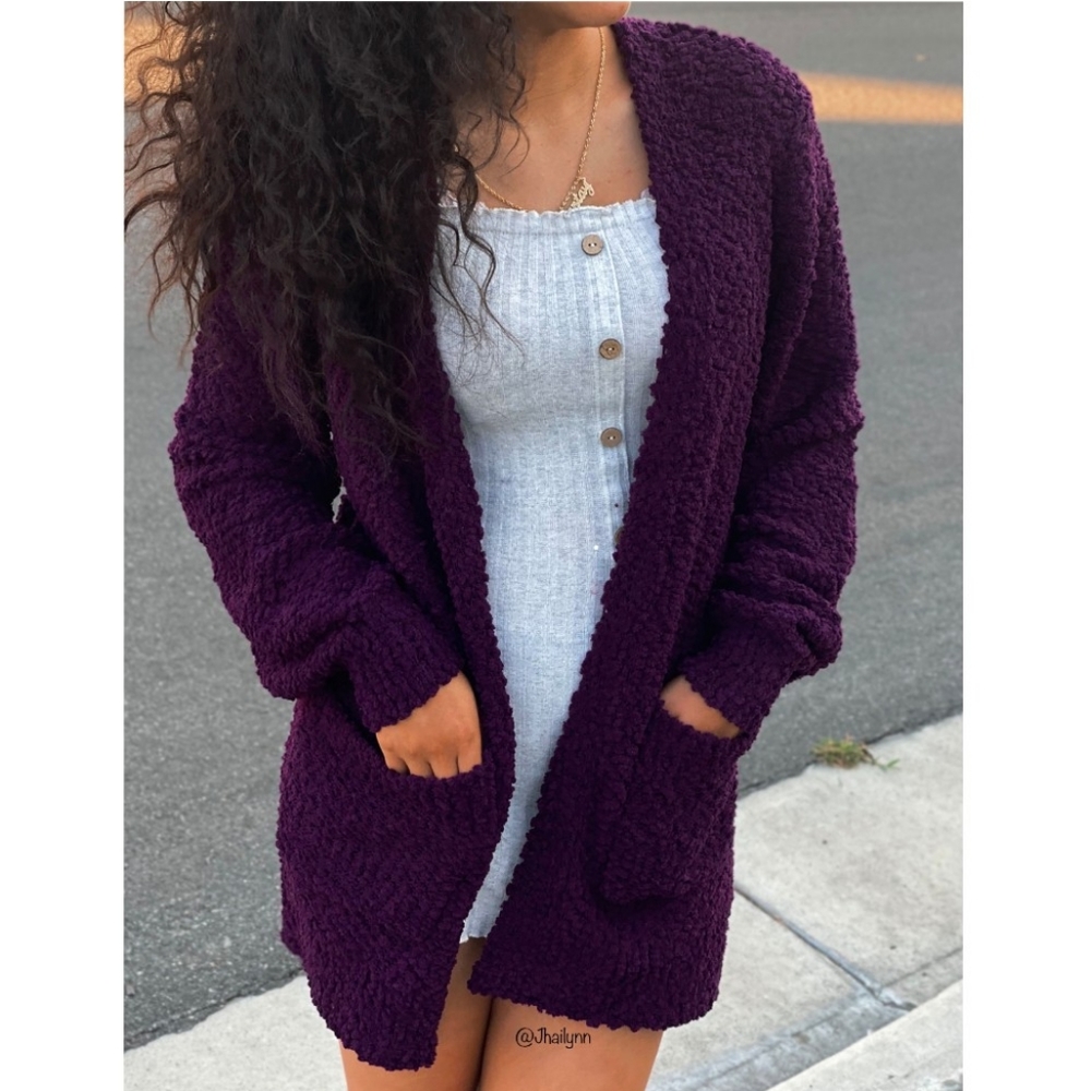Plum popcorn puff sleeve cardigan